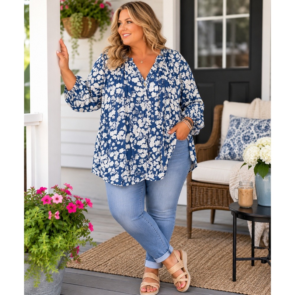 Intro Blue White Floral Peasant Blouse Ruffle Neck Long Sleeve Top Women's 3X